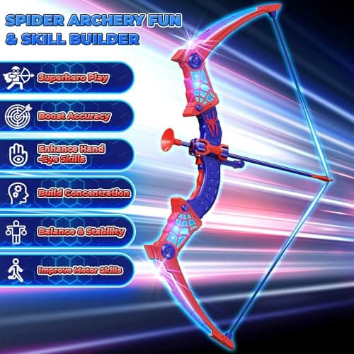 Spider Toys for Boys Age 3-4 4-6 6-8 8-12, Kids Toy BowArrow Shooting Set with Red & Blue LED Lights, Spider Quiver & Web Target, 8 Suction Cup Arrows, Toys Gifts for 3 4 5 6 7 8 9 10 12 Year Old Boys