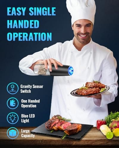 XinXu Gravity Electric Pepper and Salt Grinder Set, Adjustable Coarseness, Battery Powered with LED Light, One Hand Automatic Operation, 2 Pack/Black