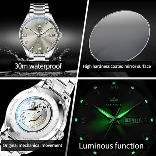 OLEVS Automatic Watches for Men Self Winding Mechanical Wristwatch Luxury Business Dress Stainless Steel Luminous Waterproof Calendar Mens Watch
