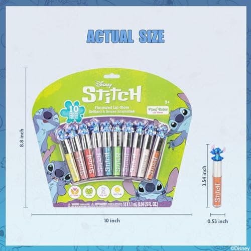 Disney Stitch 10 Piece Plant Based Lip Gloss, Girls Party Favors, First Makeup Set for Girl, Perfect for Parties, Sleepovers, and Birthday Gifts, Ages 3+, by Townley Girl