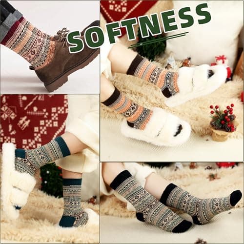 Womens Wool Socks 5 Pairs Warm Winter Knit Wool Soft Vintage Casual Crew Socks Stocking Stuffers Gifts for Women Men