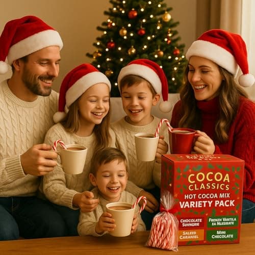 Hot Chocolate Cocoa Mix Variety Gift Pack – 34 Individual Packets – French Vanilla, Salted Caramel, Mint & Chocolate Supreme Flavors – Instant Hot Cocoa Mix – Christmas Holiday Gift with Candy Canes