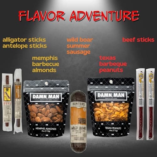 Beef Jerky Gift Basket for Men - Fathers Day, Birthday Gift for Men, Dad - Includes Exotic Jerky Snacks, Alligator, Venison, Boar, Gourmet Nuts, Beef Stick Food Gifts