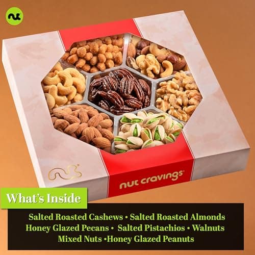 NUT CRAVINGS - Diwali Mixed Nuts Gift Basket in Red Gold Box (7 Assortments, 1 LB) Food Arrangement, Healthy Snack Care Package, Food Assortments