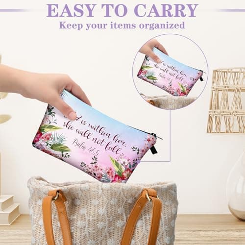 Chunful 12 Pcs Inspirational Christian Gifts Religious Makeup Bags Bulk for Women Bible Verse Flower Cosmetic Bag Thanksgiving Christmas Gift for Church Ladies, 7.48 x 4.72 Inch(Stylish)