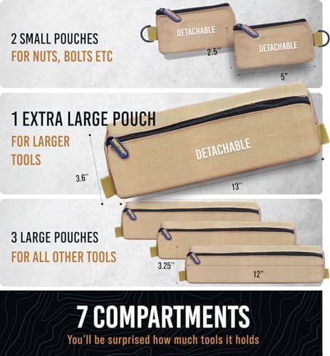 TOUGHEST Roll Up Tool Bag Organizer - 7 Pouches (3 Detachable) Compact Portable Tool Storage Box - 1680D Waterproof Small Tool Bag for Car - Gifts for Dad Mechanic Electrician