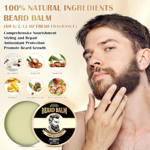 Beard Growth Kit, Grooming Set w/Growth Oil, Conditioner, Balm, Shampoo Wash, 0.25MM Roller, Brush, Comb, Scissor, Bag, Christmas Birthday Valentines Day Gifts for Him Men