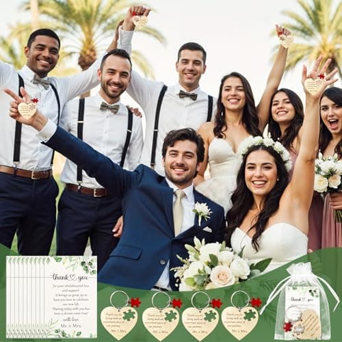 AerWo 50 Sets Wedding Favors for Guests, Wedding Party Favors with Rustic Wood Heart Puzzle Keychains Thank You Cards and Organza Bags, Wedding Gifts for Guests Wedding Bridal Shower Thank You Gifts