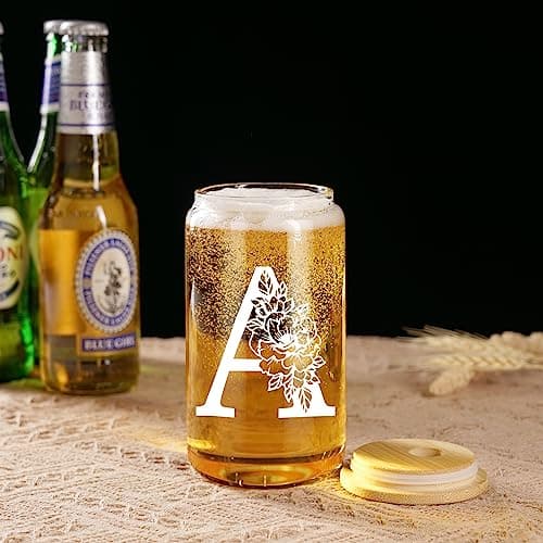 Coolife Initial Glass Cup, Monogrammed Gifts for Women, 16 oz Glass Cups w/Lids Straws, Iced Coffee Smoothie Beer Tumbler w/Straw Lid - Personalized Christmas, Birthday Gifts for Her Mom Friend Woman