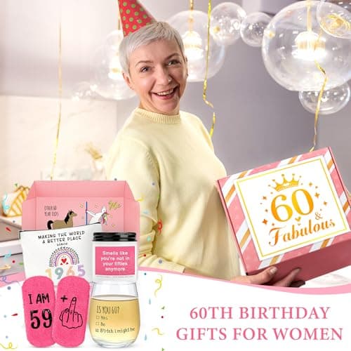 60th Birthday Gifts for Women Funny 60 Year Old Birthday Gifts for Women Turning 60 Gift for Woman Happy 60th Bday Decorations for Woman Mom Her - Wine Glass Makeup Bag Candle Socks