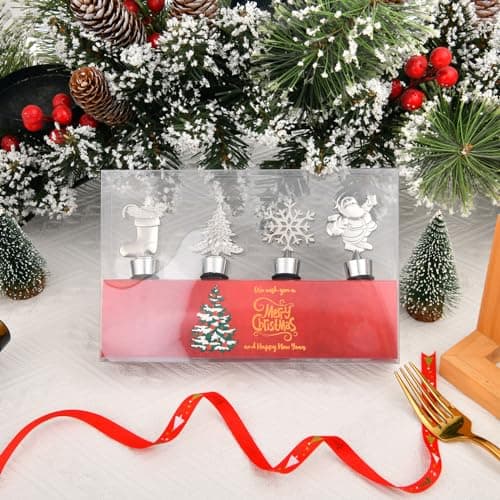 4PCS Christmas Wine Bottle Stoppers, Alloy Xmas Wine Bottle Stoppers for Keeping Wine Fresh,Wine Accessories Gift for Hostess Christmas Bottle Corkers,Winter Decor Bottle Stopper Holiday Party Supplie