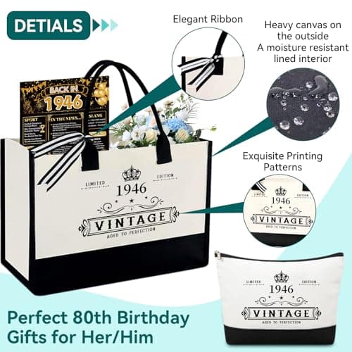 80th Birthday Gifts for Women Her- 4 pcs, Turning 80 Year Old Gifts, Decorations Canvas Beach Tote Bag & Makeup Bag, Unique Happy 80th Birthday gifts for Her Mom Wife Friends