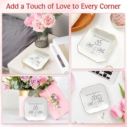 OASSIE Wedding Gifts for Couple 2025 - Mr & Mrs 4"x4" Ceramic Jewelry Dish Tray - Bridal Shower Gifts for Women, Marriage Gift Ideas, Anniversary Engagement Gifts for Couples, Jewelry Holder Dish