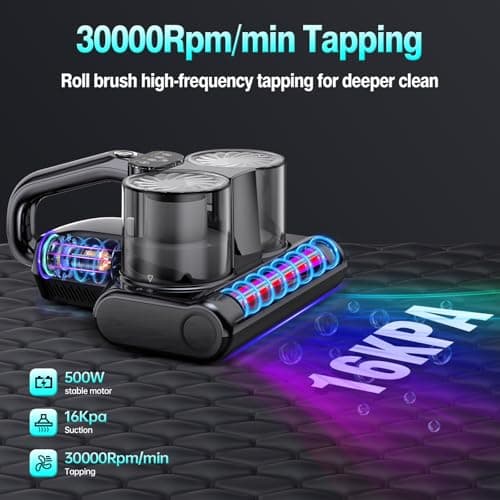 Mattress Vacuum Cleaner 5 in 1 Bed Vacuum Cleaner with 16Kpa Suction 253.7nm UV-C Light, HEPA Filtration, Ultrasonic, High Heating, 30000Rpm/Min Rotation , Replacement Filter Included, 500W, Corded