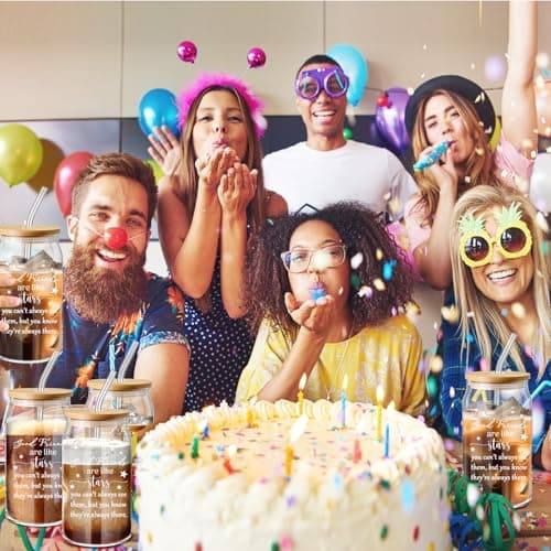 Zhehao 8 Pack Friendship Gifts for Women Friends Gifts Bulk 16oz Iced Coffee Glasses with Bamboo Lids and Straws for Sister Friend Holiday Birthday Party Drinking