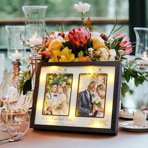 Then & Now 50th Anniversary Picture Frame for Couple, Celebrate Years of Love Anniversary Wooden Photo Frame for Parents, Husbands, Wives, Wedding Engagement Gifts, Double Frame 4x6 Photos Black