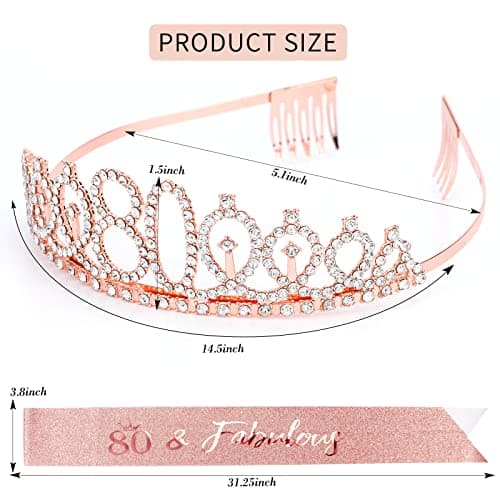 CIEHER 80th Birthday Crown + Sash + Pearl Pin Set, Elegant Gift for Women's 80th Birthday Party Decorations