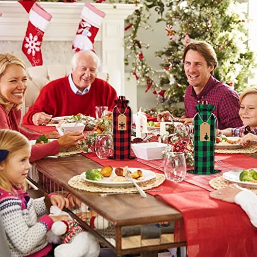 DULEFUN 12pcs Christmas Wine Burlap Bags, Xmas Wine's Bags Classic Buffalo Plaid Wine Bottle Bags Reusable Burlap Xmas wine Bottle Covers Clothes for Christmas New Year Wedding Holiday Parties