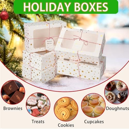 Zzrywuty 24 PCS Christmas Cookie Boxes for Gift Giving Golden Star White Bakery Boxes with Window,Christmas Treat Boxes for Pastry Dessert Cupcakes Mini Cake Pie Candy Donut,Baking Goods Packing Box