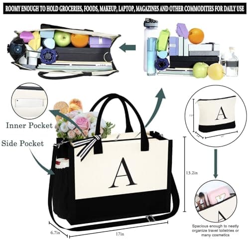 YOOLIFE Gifts for Women - Initial Tote Bag & Makeup Bag, Birthday Gifts for Women Mom Wife Teacher Friend
