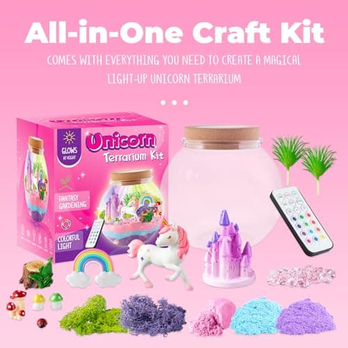 Unicorn Light-Up Terrarium Kit for Kids - LED Night Light Birthday Gift for Girls Ages 4 5 6 7 8-12 Year Old - Unicorn Toys for Girls - DIY Arts and Crafts Kit for Kids