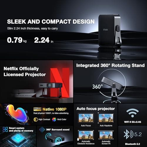 【Thinnest & Netflix-Licensed Projector】Smart Mini Projector with WiFi and Bluetooth, Auto Focus & Keystone Portable Outdoor Projector, VOPLLS Native 1080P 4K Supported Home Movie Projector(black)