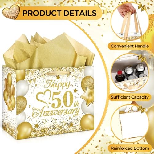 50th Anniversary Paper Gift Bag - White Gold Wedding Gift Wrapping Bag with Tissue Papers & Card - Perfect for Golden Wedding Anniversary or Christmas Decor