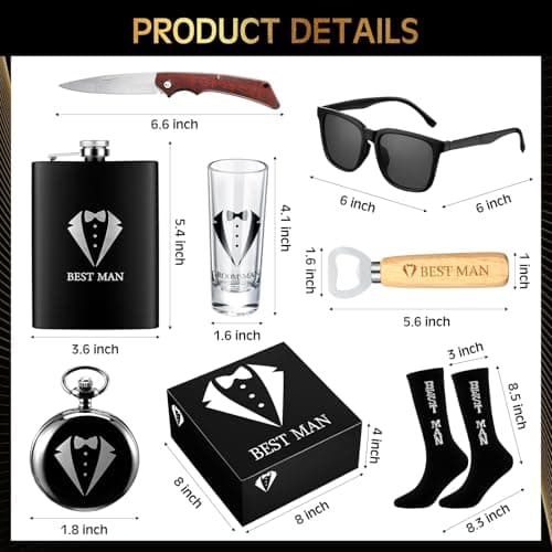 13 Pcs Best Man Proposal Gift Set Stainless Steel Flask Box Bag Shot Glass Bottle Opener Pocket Watch Sunglasses Knife Sock Card Toiletry Bag for Wedding