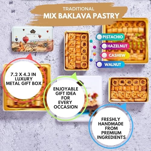 Cerez Pazari Baklava Pastry 8.5oz, Baklava Gift Box with Rich Pistachios, Walnuts, Hazelnuts and Cashews, Halal Shatila Baklava, Traditional Turkish Arabic Dessert Gift Box, Sweet Food Gifts for Women