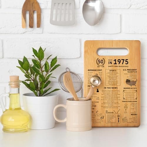 50th Wedding Anniversary Cutting Board Gifts for Women Men Marriage Gifts for Couple 1975 Poster Back In 1975 50th Anniversary Decorations 100% Organic Bamboo Pre Oiled 11"L x 7"W x 0.5"Th