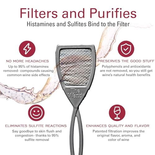 PureWine The Wand Wine Purifier - Red & White Wine Filters for Histamines & Sulfites, Sulfite Remover Sticks, Helps Allergies & Headaches, Gift Accessories for Women & Men - 3 Wands, Silver