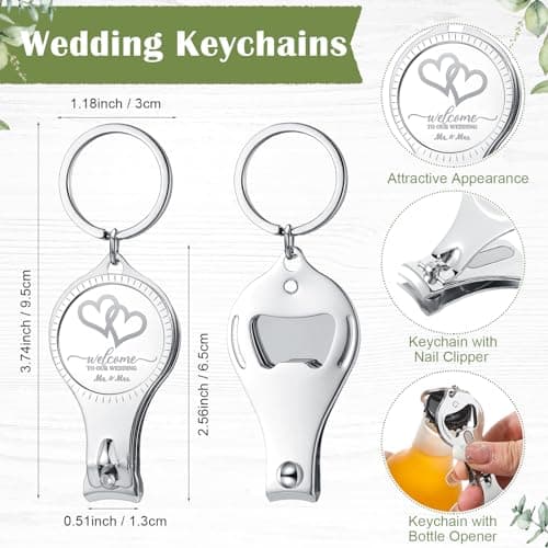 Fulmoon Wedding Multi Function Bottle Opener Nail Clipper Wedding Favors Brewery Cards White Organza Bags for Party Supplies Gift Souvenir Guests Men Women(50 Sets)