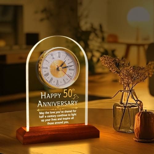 50th Anniversary Wedding Gift, Anniversary Quartz Clock, Desk Table Clock, 50 Years of Marriage, Golden Wedding for Couple, Parents, Grandparents (Wooden Base with LED Light)