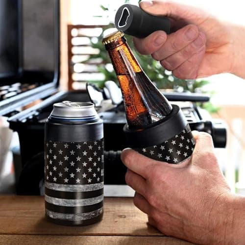 Stepstall Can Cooler Beer Bottle Holder with Beer Opener, 4-in-1 Design Slim Can Beer Bottle Insulators, Double Walled Stainless Steel Insulated, 12 OZ Beer Gifts for Men Father(Black American Flag)