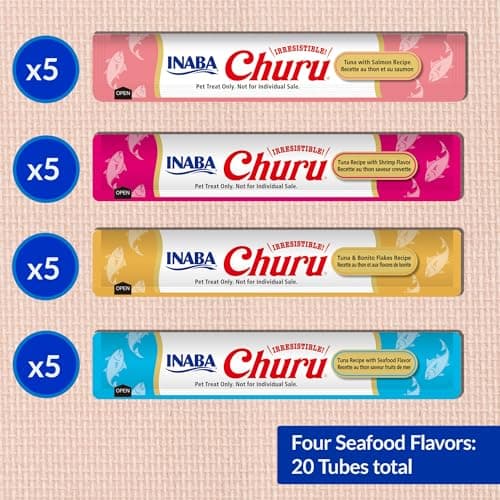 INABA Churu Cat Treats, Grain-Free, Lickable, Squeezable Creamy Purée Cat Treat/Topper with Vitamin E & Taurine, 0.5 Ounces Each Tube, 20 Tubes, Seafood Variety Box