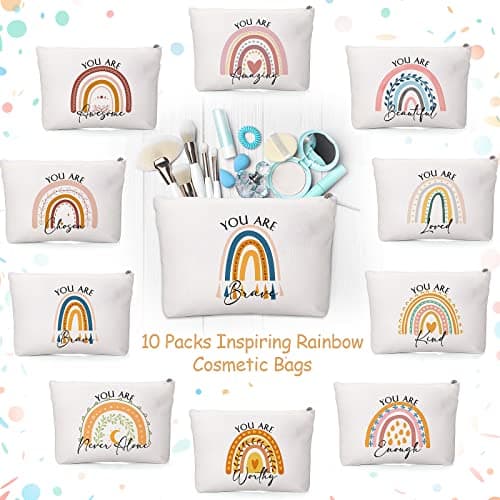 Coume 10 Pcs Rainbow Canvas Makeup Bags Bulk Inspirational Quotes Cosmetic Zipper Personalized Encouragement Travel Pouch Toiletry Bag for Women Girls Teacher Friend Birthday