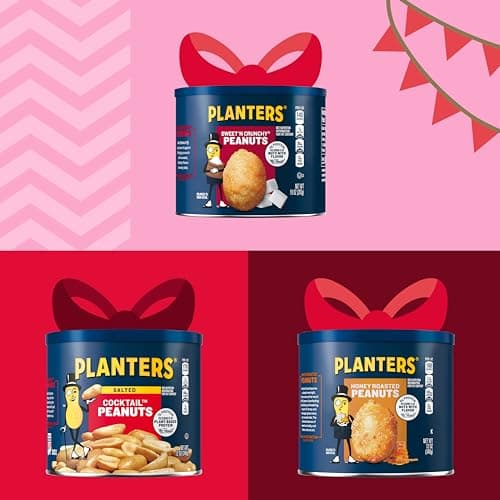 PLANTERS Peanuts Holiday Trio Pack - Snacks Variety Pack for Adults with Sweet n Crunchy, Honey Roasted, and Cocktail Peanuts (3 Count Canisters)