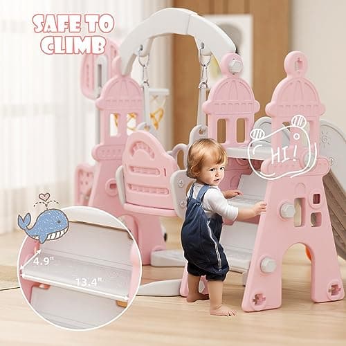 XJD 6-in-1 Toddler Slide and Swing Set, Kids Slide for Toddlers Age 1+, Toddler Outdoor Playset with Basketball Hoop, Football Frame, Swing, Outdoor Indoor Playground for Toddlers 1-3 (Pink)