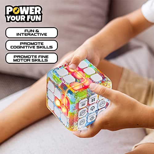Power Your Fun Cubik LED Flashing Cube Memory Game - Electronic Handheld Game, 5 Brain Memory Games for Kids STEM Sensory Toys Brain Play Puzzle Fidget Light Up Cube Stress Relief Fidget Toy (Tie Dye)