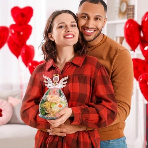 Gifts for Women Birthday Preserved Rose Forever Flower in Glass Angel Figurines Fresh Flowers for Delivery for Mom Real Colorful Roses for Grandma Sister Wife Her from Daughter