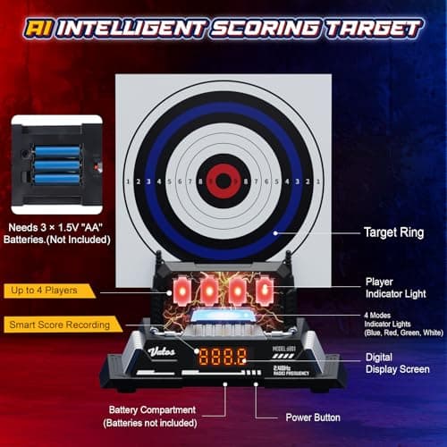 VATOS Smart Electronic Shooting Game Set with Auto-Scoring Target Base and Rechargeable Gun, Real-Time Voice Feedback, 4 Shooting Modes, Indoor Outdoor Toy for Teens Adults Family Party