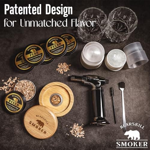 Whiskey Smoker Kit with Torch - 6 Natural Wood Chips Flavors, 2 Glasses, 2 Ice Molds - Cocktail Smoker Infuser Kit, Old Fashioned Smoker Kit, Birthday Bourbon Whiskey Gifts for Men, Dad(No Butane)