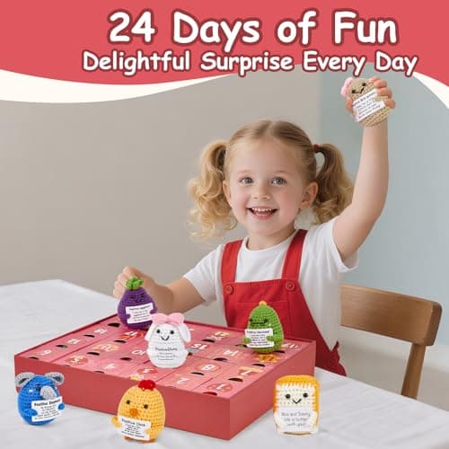 Advent Calendar 2025, 24 Days Positive Crochet Animals Christmas Countdown Calendar for Kids, Teens, Adults, Handmade Emotional Support Crochet Toys with Positive Card for Birthday, Christmas Gifts