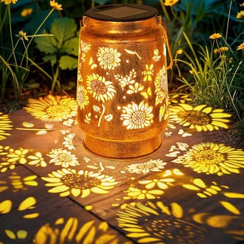 Sunflower Solar Lanterns Outdoor Waterproof, Christmas Gifts for Women Mom Grandma, Metal Hanging Lantern Solar Lights LED Decoration with Shepherd Hook Outside for Yard, Patio, Porch, Garden Decor