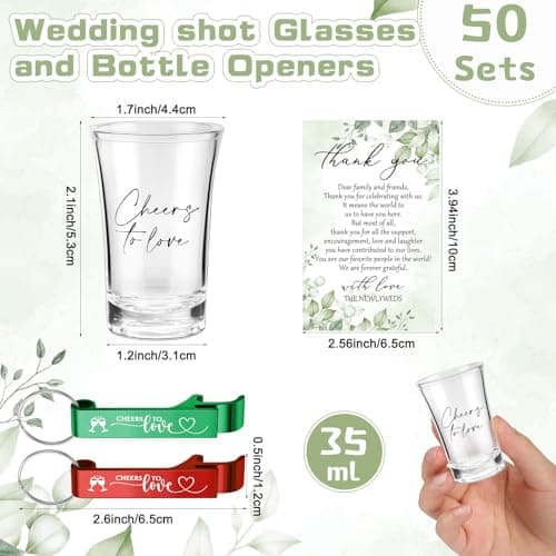 200 Pcs 50 Sets Wedding Favors for Guest Bulk 2 oz Cheers to Love Acrylic Shot Glasses Wedding Bottle Openers with Thank You Cards Bags for Guest Souvenirs Gifts Newlyweds Bridal Shower