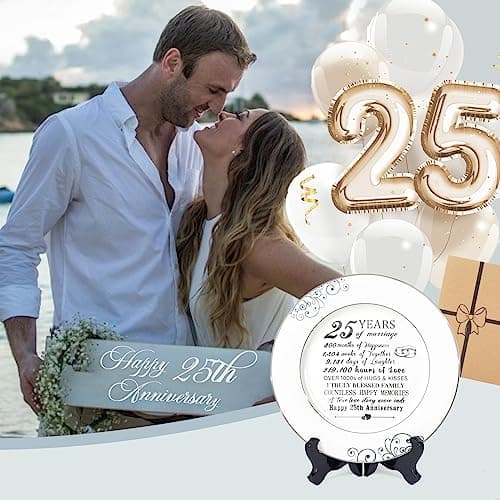 25th Anniversary Plate with Platinum Foil - Silver 25 Year Marriage Anniversary Wedding Gifts for Couple Her Him Husband Wife, 9"