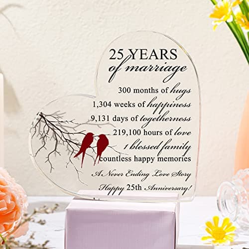 Qunclay 25th Years of Marriage Gift Wedding Anniversary Souvenir Heart Marriage Keepsake Decoration Present for Couple Parent Women Mom Husband Wife He She Friend Grandparents
