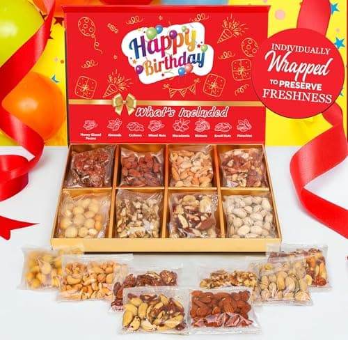 Luxurious Treats Nuts Gift Basket, Happy Birthday Nut Gifts Gourmet Collection Healthy Food Box Mixed Cravings Platter Tray Sampler Assortment Mix for Men Women