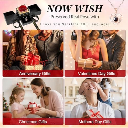 Light Up Preserved Red Rose Flower with Necklace,Birthday Gifts for Women,Christmas Rose Gifts for Her Mom Wife Grandma,Real Flower Mom Present for Women Christmas,Anniversary,Valentines