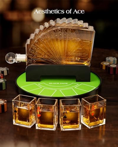 Kollea Blackjack Whiskey Decanter Set, 37.2 Oz Casino Style Decanter with 4 Glasses, Liquor Dispenser, Funny Birthday Gifts for Men Dad, Him, Boyfriend, Poker Game Night Essentials, Bar, Party Decor